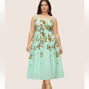 BloomChic Size L Citrus Fruit Print Square Neck Elastic Waist Dress